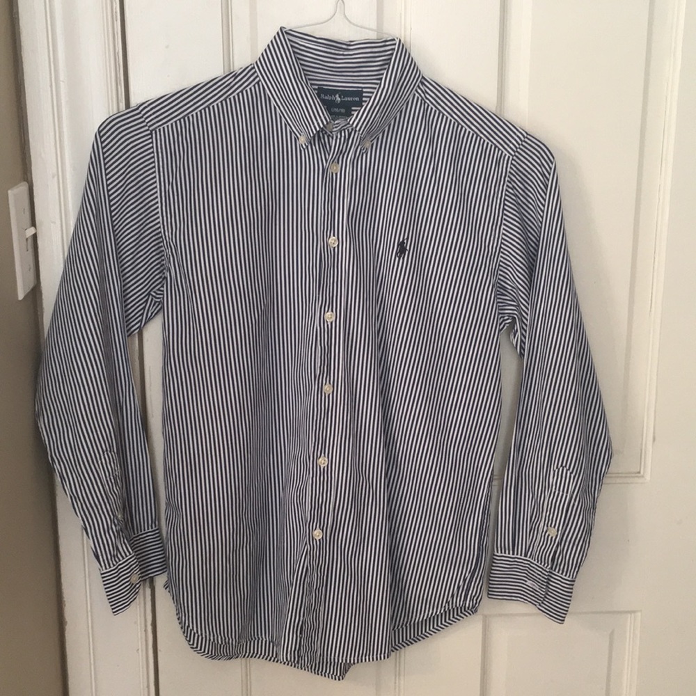 Crisp navy Polo with white pin stripes.